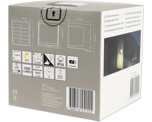 Verpackung einer Solar LED Wandleuchte mit den technischen Details wie Lumen, IP54 Schutzart und Angaben zum Akku