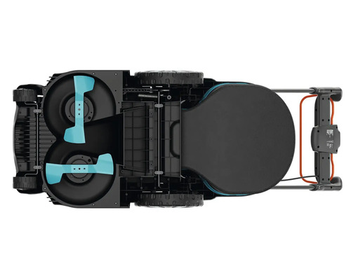 Ansicht von unten eines Mähroboters mit rotierenden Messern