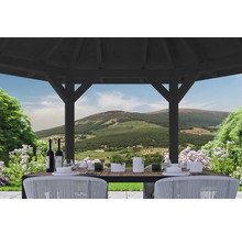 Scène avec tonnelle de jardin, table à manger, chaises, vaisselle et paysage