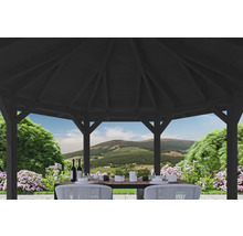 Scène de jardin avec pavillon, table et chaises