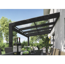 Terrasse avec auvent, table, chaises, boissons et plantes