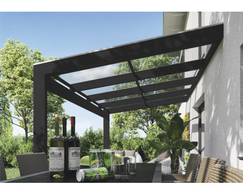 Terrasse avec auvent, table, chaises, boissons et plantes