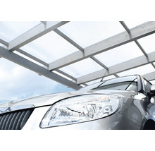 Ein Auto steht unter einem Carport mit transparenter Überdachung.