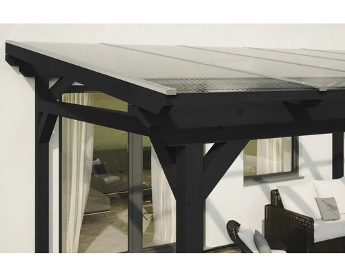 Vue détaillée d''un auvent de terrasse noir avec un toit transparent