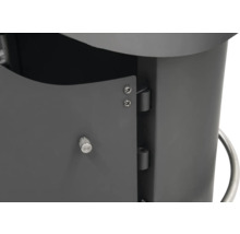 Vue détaillée d''un meuble gris avec porte, charnières et bouton rotatif