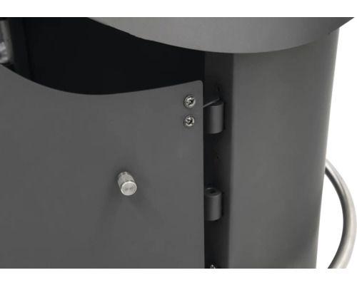 Vue détaillée d''un meuble gris avec porte, charnières et bouton rotatif