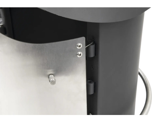 Detailansicht eines Grillgeräts mit Edelstahltür und Scharnieren