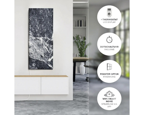 Chauffage infrarouge aspect marbre avec thermostat, écran LCD, minuterie, détection d''ouverture de fenêtre et commande via l''application