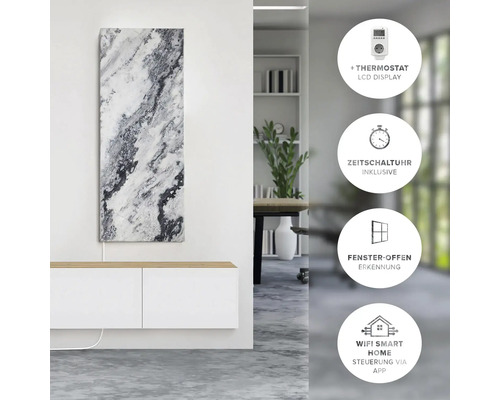 Chauffage infrarouge avec motif marbré, thermostat, minuterie, détection de fenêtre ouverte et commande WiFi