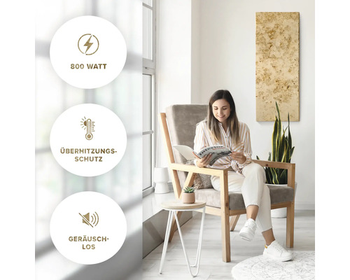 Femme lisant dans une pièce lumineuse avec chauffage de 800 watts, protection contre la surchauffe et fonctionnement silencieux