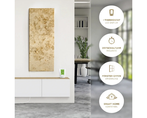 Chauffage infrarouge monté au mur avec thermostat, minuterie, détection d''ouverture de fenêtre et Smart Home compatible.