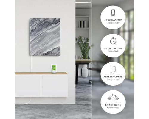 Chauffage infrarouge avec design en marbre au mur, à côté d''un thermostat avec écran LCD sur une armoire. Caractéristiques : thermostat, écran LCD, minuterie, détection d''ouverture de fenêtre et compatible Smart Home.