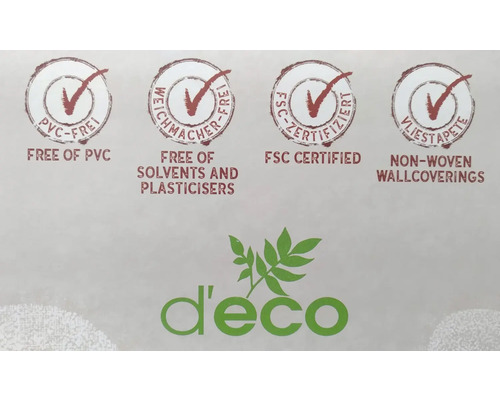 Informations sur les propriétés du papier peint : sans PVC, sans solvants ni plastifiants, certifié FSC, papier peint intissé