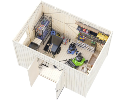 Innenansicht eines Gartenschuppens mit Gartengeräten, Werkzeugen und Regalen