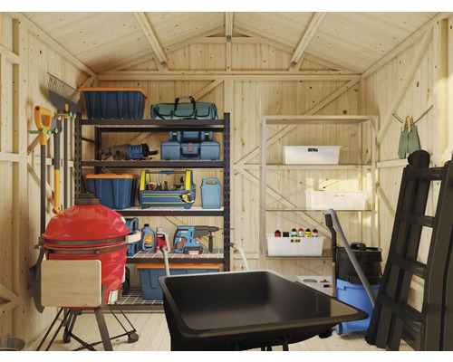 Gazebo organisé avec des étagères, un barbecue, une brouette et des outils de jardin.