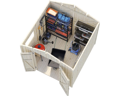 Intérieur d''un abri de jardin en bois avec étagères et outils de jardinage