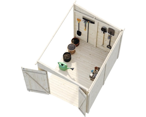 Gartenhaus mit Gartengeräten, Gießkanne und Blumentöpfen von oben