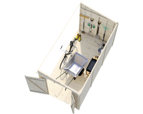 Gartenschuppen Innenansicht mit Gartengeräten, Fahrrad und Schubkarre