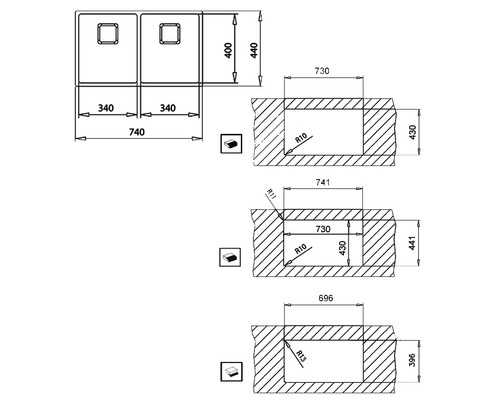 Abmessungen Spüle und Ausschnitt