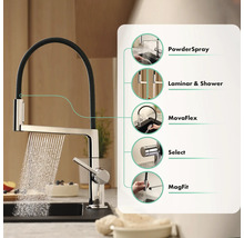 Küchenarmatur mit den Funktionen PowderSpray, Laminar & Shower, MovaFlex, Select und MagFit
