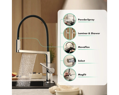 Küchenarmatur mit den Funktionen PowderSpray, Laminar & Shower, MovaFlex, Select und MagFit