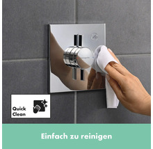 Aufputz Duscharmatur wird mit Tuch gereinigt. Quick Clean Symbol.