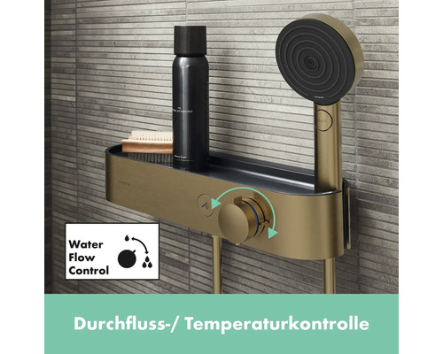 Brausegarnitur mit Ablage und Wasserdurchflussregelung