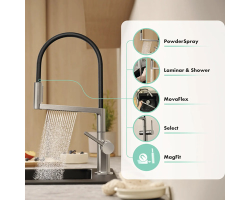 Küchenarmatur mit verschiedenen Funktionen: PowderSpray, Laminar & Shower, MovaFlex, Select, MagFit