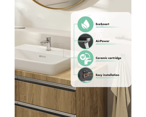 Waschbecken mit Armatur und den Hinweisen EcoSmart, AirPower, Keramikkartusche und einfache Installation