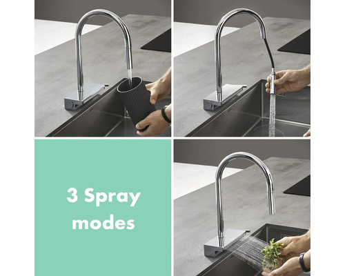 Küchenarmatur mit drei Strahlarten in verschiedenen Anwendungen