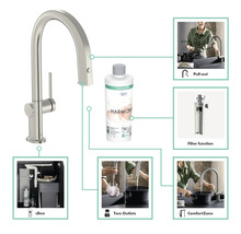 Robinet de cuisine Hansgrohe avec filtre à eau Harmony et diverses fonctions telles que douchette extractible, fonction de filtre, deux sorties, ComfortZone et sBox