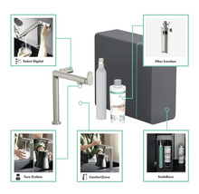 Présentation du mitigeur d''évier Hansgrohe Aquno Select M81 avec système d''eau gazeuse SodaBase et accessoires.