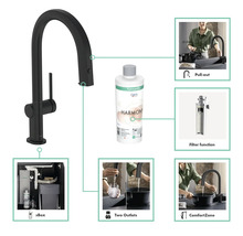 Robinet de cuisine noir avec fonction de filtre à eau, douchette extractible, deux sorties et sBox