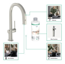 Robinet de cuisine avec système d''eau, carafe d''eau et présentation des fonctions