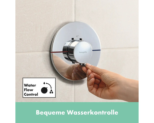 Hansgrohe Logo am Wasserfluss-Regler im Badezimmer
