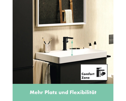 Badezimmerwaschtisch mit schwarzer Armatur und Comfort Zone