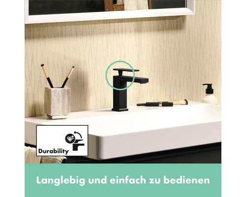 Waschbeckenarmatur in Schwarz mit Symbol für Haltbarkeit