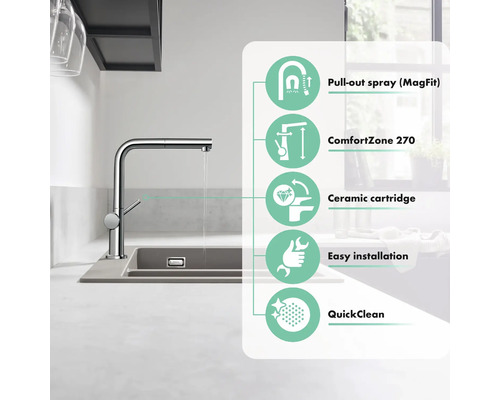 Küchenarmatur mit Ausziehbrause, ComfortZone 270, Keramikkartusche, einfache Installation, QuickClean