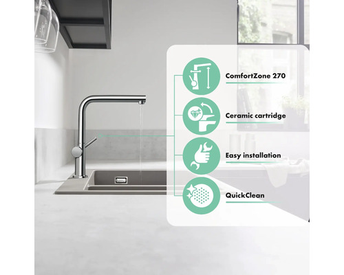 Küchenarmatur mit den Symbolen ComfortZone 270, Keramikkartusche, einfache Installation und QuickClean