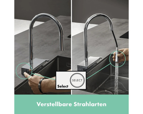 Küchenarmatur mit verstellbaren Strahlarten im Einsatz gezeigt