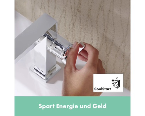Hansgrohe Logo. Einhandmischer mit CoolStart Funktion zur Energieeinsparung.
