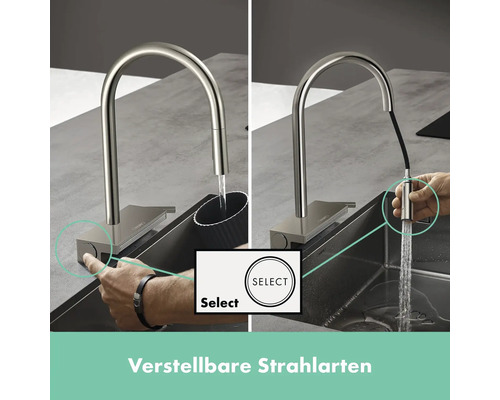 Spültischarmatur mit verstellbaren Strahlarten und Select Funktion