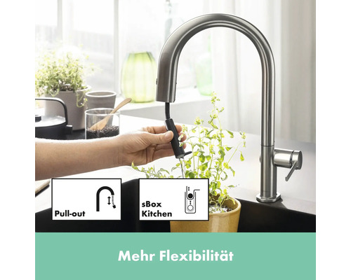 Küchenarmatur mit Ausziehbrause und sBox für mehr Flexibilität
