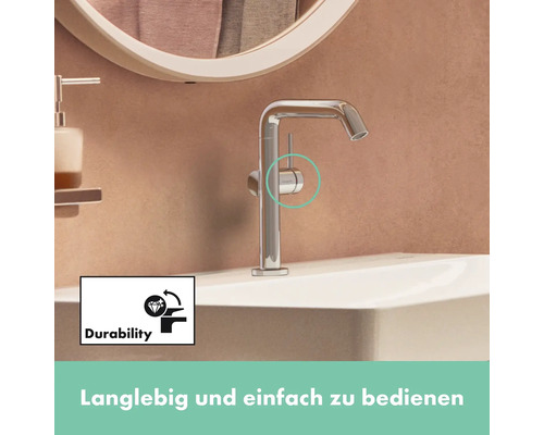 Einhebelmischer auf einem Waschbecken mit Symbol für Langlebigkeit