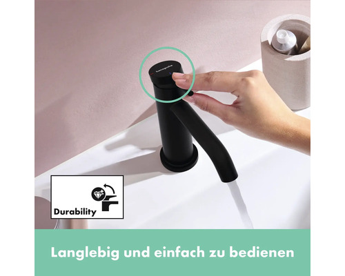 Schwarzer Waschtischmischer mit Bedienung und Durability Symbol