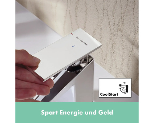 Hansgrohe Logo auf einem Wasserhahn mit CoolStart Funktion