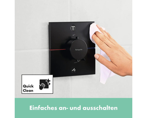 Unterputz-Thermostatarmatur mit Reinigungstuch und Quick Clean Symbol