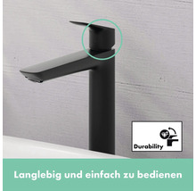 Schwarzer Waschtischmischer mit Einhebelmischhebel und Durability Symbol