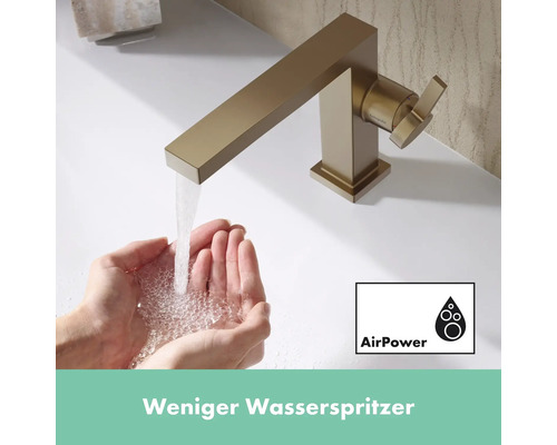 Waschbeckenarmatur mit Wasserstrahl und Händen, die Wasser auffangen, AirPower Symbol