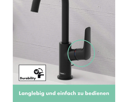 Hansgrohe Küchenarmatur in Schwarz mit Bedienhebel und Durability Symbol